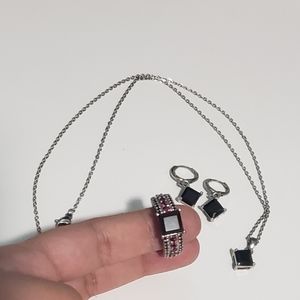 3 Piece Jewlry Set Silver Square cut Black Spinel with Rhodolite Garnet size 6